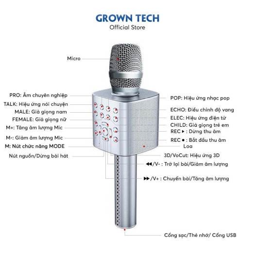 Micro karaoke bluetooth cầm tay mini GrownTech YS 96 đa năng kèm loa blutooth bass trầm ấm hỗ trợ ghi âm