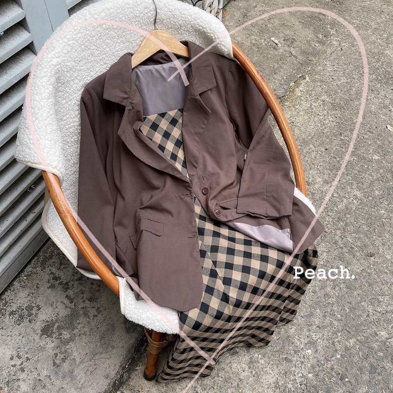 SET ÁO KHOÁC BLAZER+ ĐẦM 2D CARO NÂU
