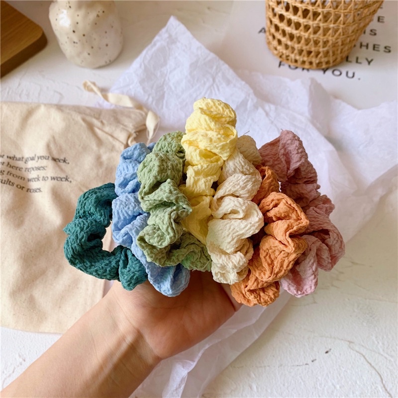 Dây buộc tóc Scrunchies nhiều màu vải đũi xốp cho nữ