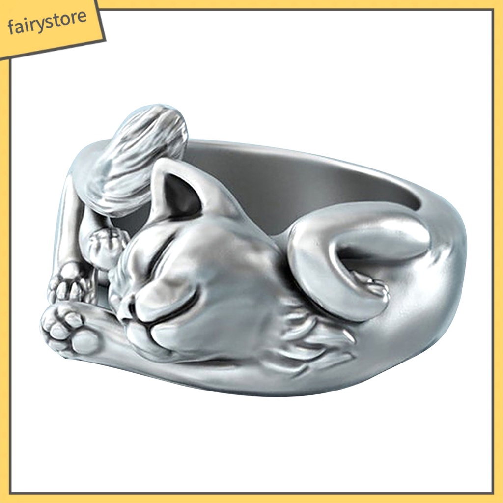 Nhẫn Hở Mạ Bạc Hình Mèo Ngủ Phong Cách Vintage