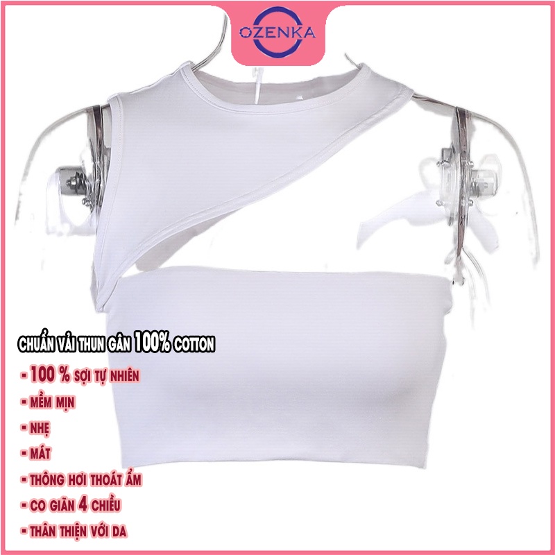 Áo croptop sát nách ôm nữ hở vai OZENKA , áo dệt kim không tay gợi cảm chất thun gân 100% cotton màu đen trắng dưới 50kg
