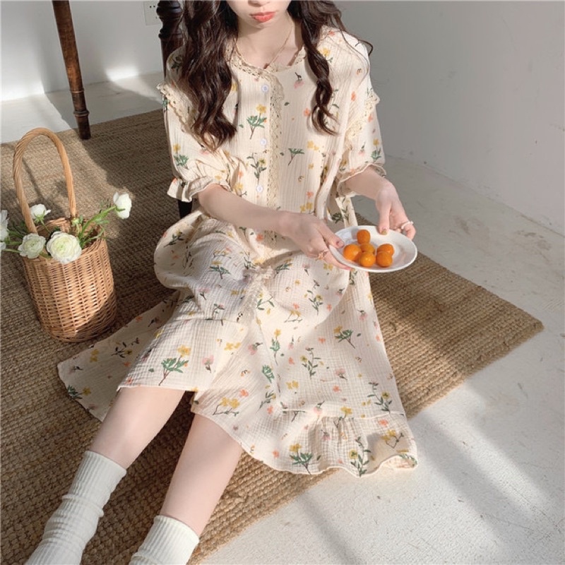 Váy ngủ ren vải xô muslin hoa vàng VN015