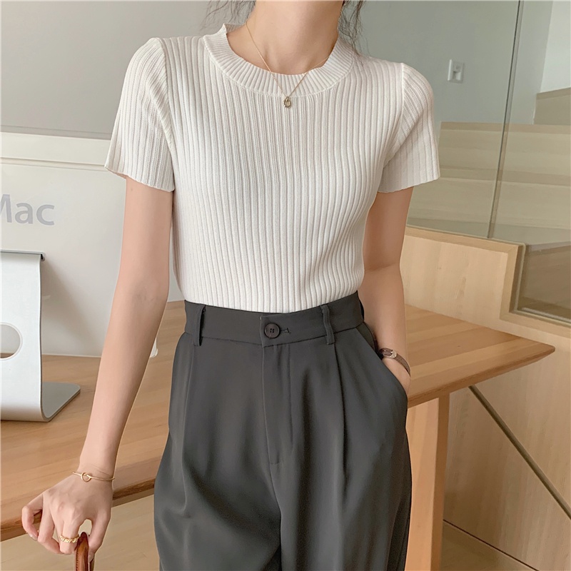 Áo Thun Dệt Kim Mỏng Tay Ngắn Cổ Tròn Thời Trang Hàn Quốc Cho Nữ