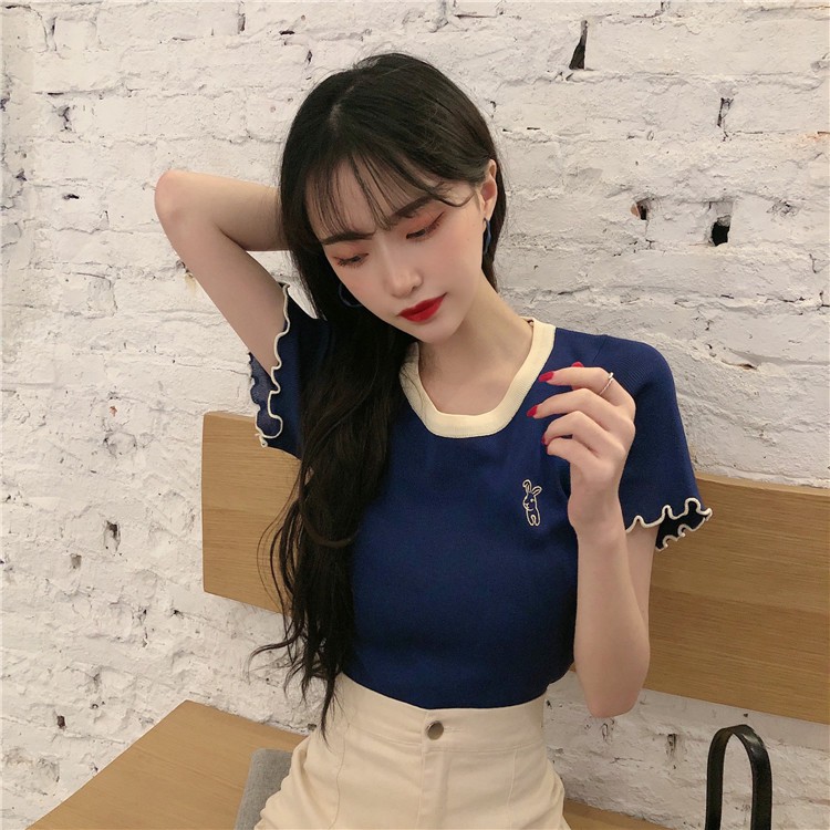 Áo Croptop Ngắn Tay Cổ Tròn Xinh Xắn Theo Phong Cách Hàn Quốc