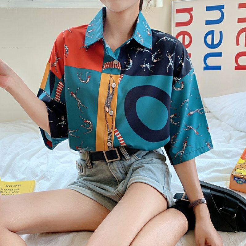 áo sơ mi nữ tay ngắn hàn quốc in họa tiết cực xinh