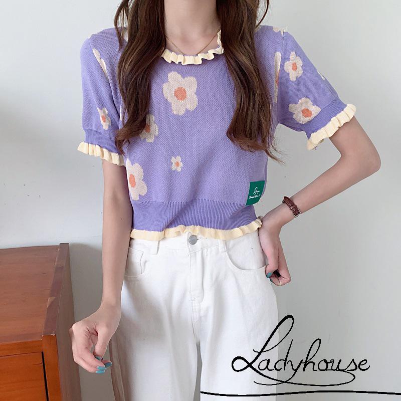 Áo Thun Dệt Kim Tay Ngắn Cổ Tròn Viền Bèo In Họa Tiết Hoa Thời Trang Mùa Hè Xinh Xắn Cho Nữ