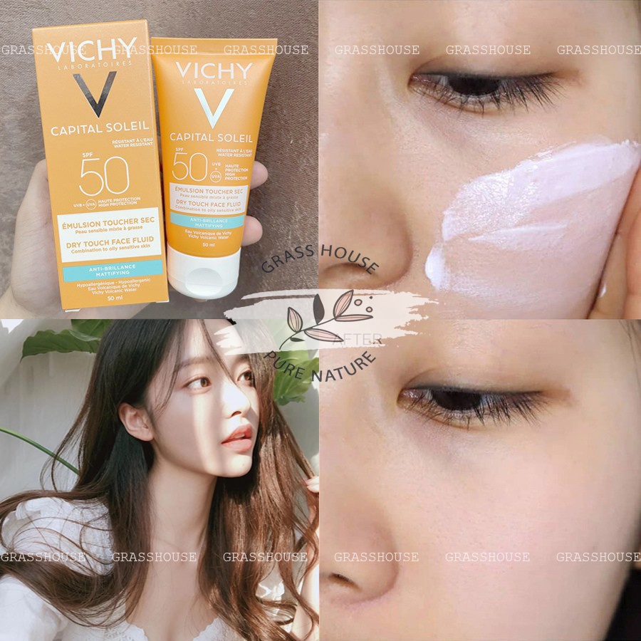 KEM CHỐNG NẮNG VICHY DRY TOUCH SPF50 DÀNH CHO DA DẦU, DA NHẠY CẢM kem chống nắng kiêm kem lót thấm sâu da không gây nhít
