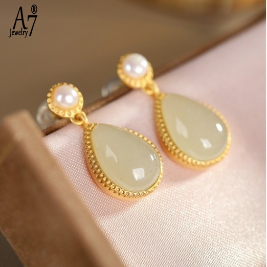 Bông Tai Bạc A7 S925 Đính Đá Ngọc Bích Hình Giọt Nước Thanh Lịch