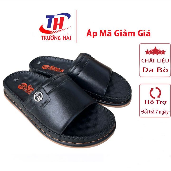 Dép nam quai ngang một bản đế cao 3.5cm da bò thật màu đen chính hãng Trường Hải QN178
