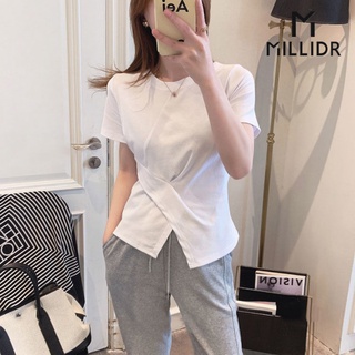 Áo thun ngắn tay xẻ tà phong cách Hàn Quốc cho nữ
