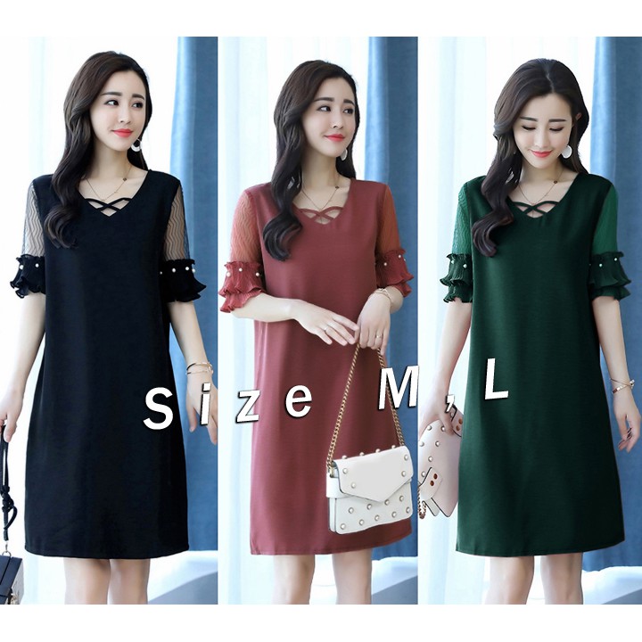 Đầm suông tay lửng phối lưới đính hột 2 túi xinh xắn D1415