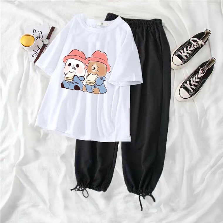 Sét áo phông Gẫu mũ đỏ + quần Bom, Áo thun from rộng, Chất đẹp không xù, quần suông ống rộng, Sét bộ mặc ở nhà - MODY
