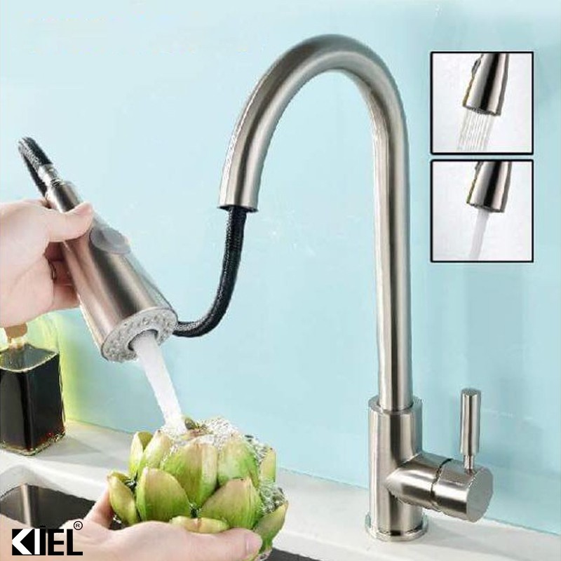 Vòi chậu rửa bát có dây rút nóng lạnh - vòi dây rút chuẩn inox304 (tặng kèm 2 dây cấp nóng lạnh)