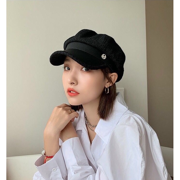 Mũ beret da PU họa tiết kẻ sọc thời trang retro cho nữ