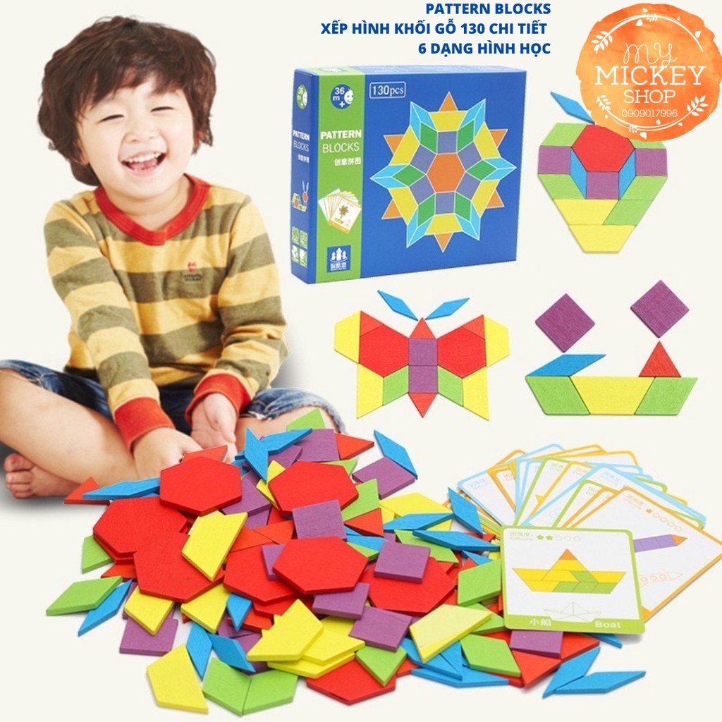 Đồ chơi gỗ ghép hình sáng tạo Pattern block 130 chi tiết giáo dục sớm hình học Montessori cho bé 3 4 5t My Mickey Shop