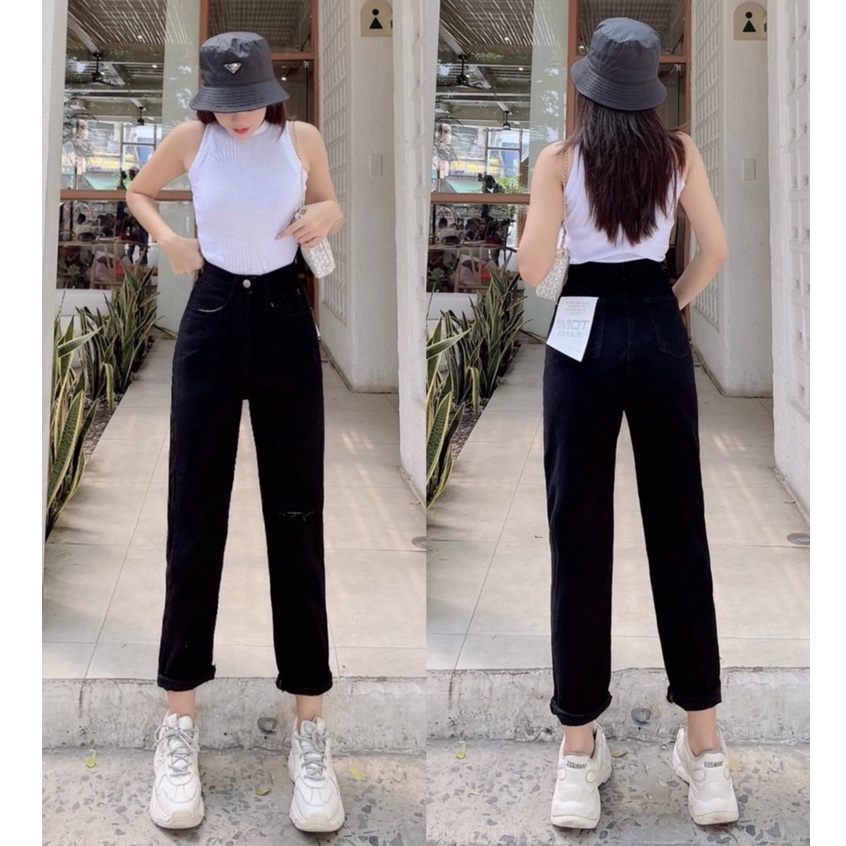 Quần Baggy Jean Nữ  Rách Gối Cạp Cao Màu Đen Ôm Eo, Ống đứng Che Khuyết Điểm Thương Hiệu Goong | BigBuy360 - bigbuy360.vn
