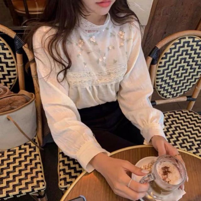 [Ảnh thật/Video] Áo sơ mi hoa xinh trước ngực - Áo sơ mi nữ hoa ngực