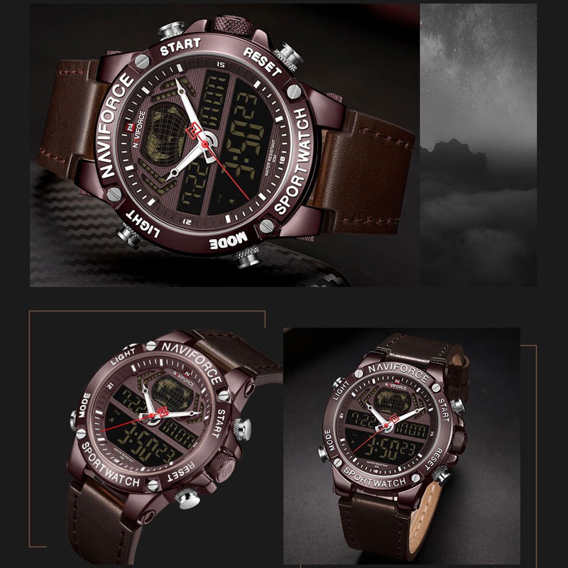 Đồng Hồ Điện Tử Nam NAVIFORCE 9164 Chống Nước Với Dây Đeo Da