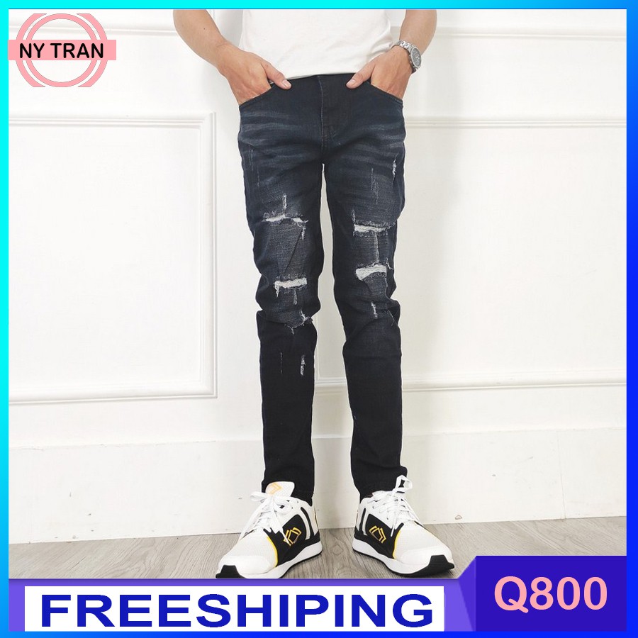 Quần Jean Nam Cao Cấp Q800 Đen Rách Đùi - Quần Bò NyTran Thun Co Giãn Phong Cách Trẻ Trung Cá Tính