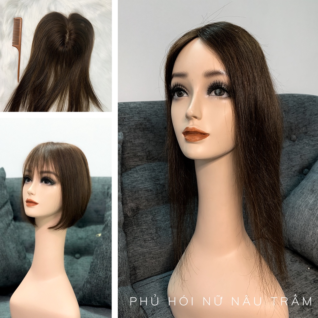Tóc phủ hói, phủ bạc, phủ mái nữ siêu da bằng tóc thật màu nâu trầm (Hàng sẵn)