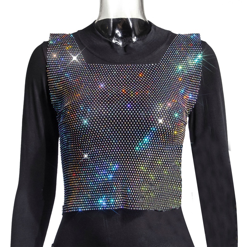 Áo Lưới Croptop Không Tay Thiết Kế Xuyên Thấu Đính Đá Lấp Lánh Thời Trang Đi Biển Quyến Rũ Cho Nữ