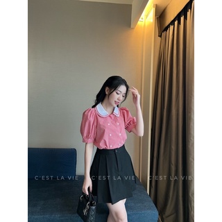 Áo kẻ cổ sen vintage C'est la vie