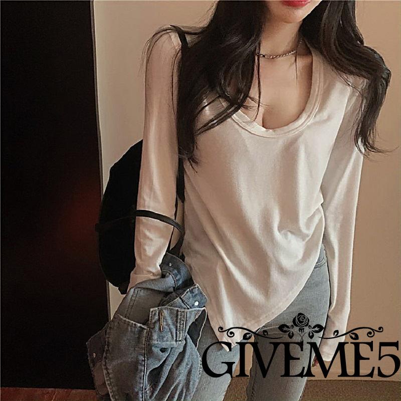 Giveme Áo Thun Nữ Tay Dài Cổ Tròn Màu Sắc Đơn Giản