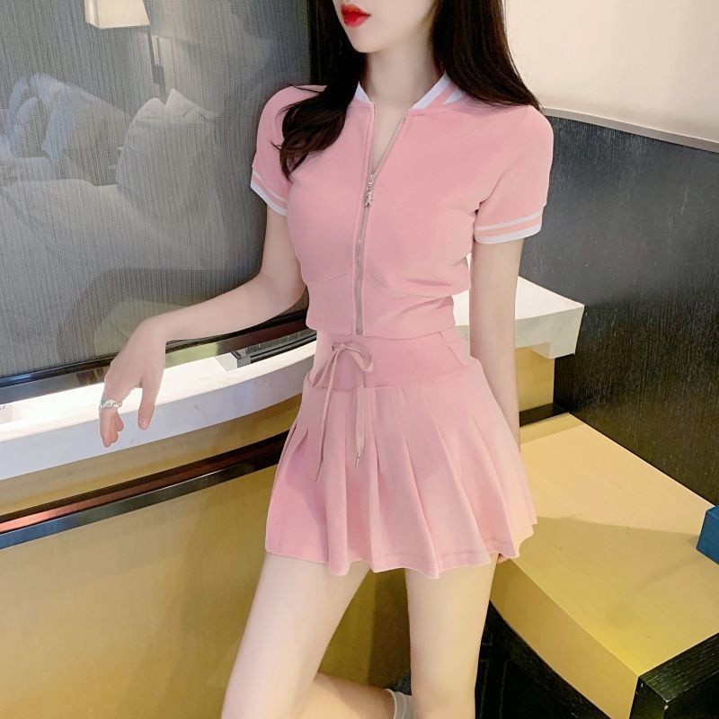 Jiashucheng Set Áo Ngắn Tay + Chân Váy Xếp Ly Phong Cách Preppy Thời Trang Mùa Hè Mới Cho Nữ