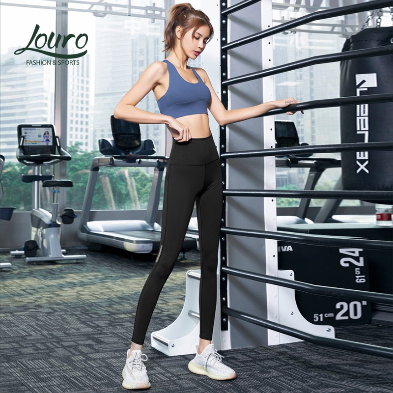 Quần tập gym nữ Louro QL58, kiểu quần tập gym nữ cạp cao phối lưới thoát nhiệt thoáng mát, co giãn 4 chiều