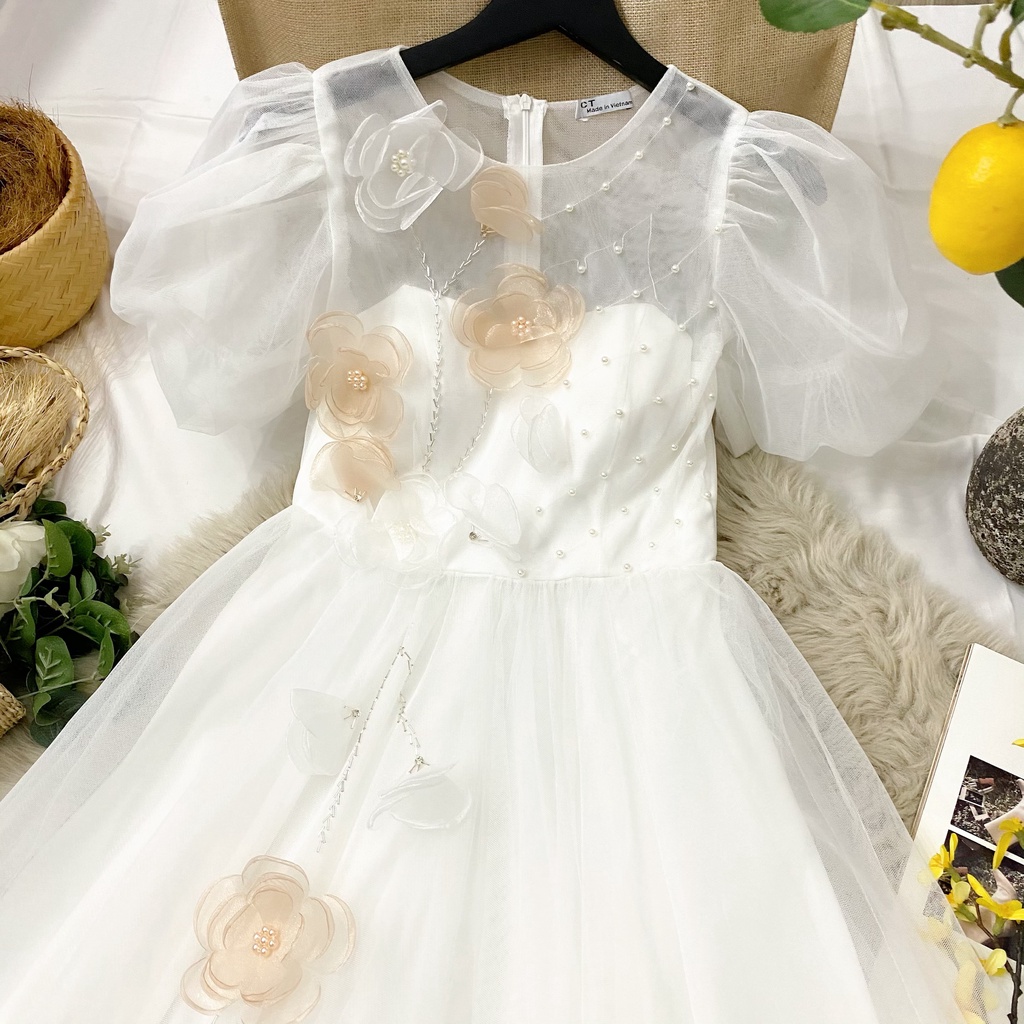 Đầm tiệc nữ tay phồng đính hoa 3d lưới 3 lớp cao cấp bigsize bánh bèo công chúa dành cho người béo 55-90kg