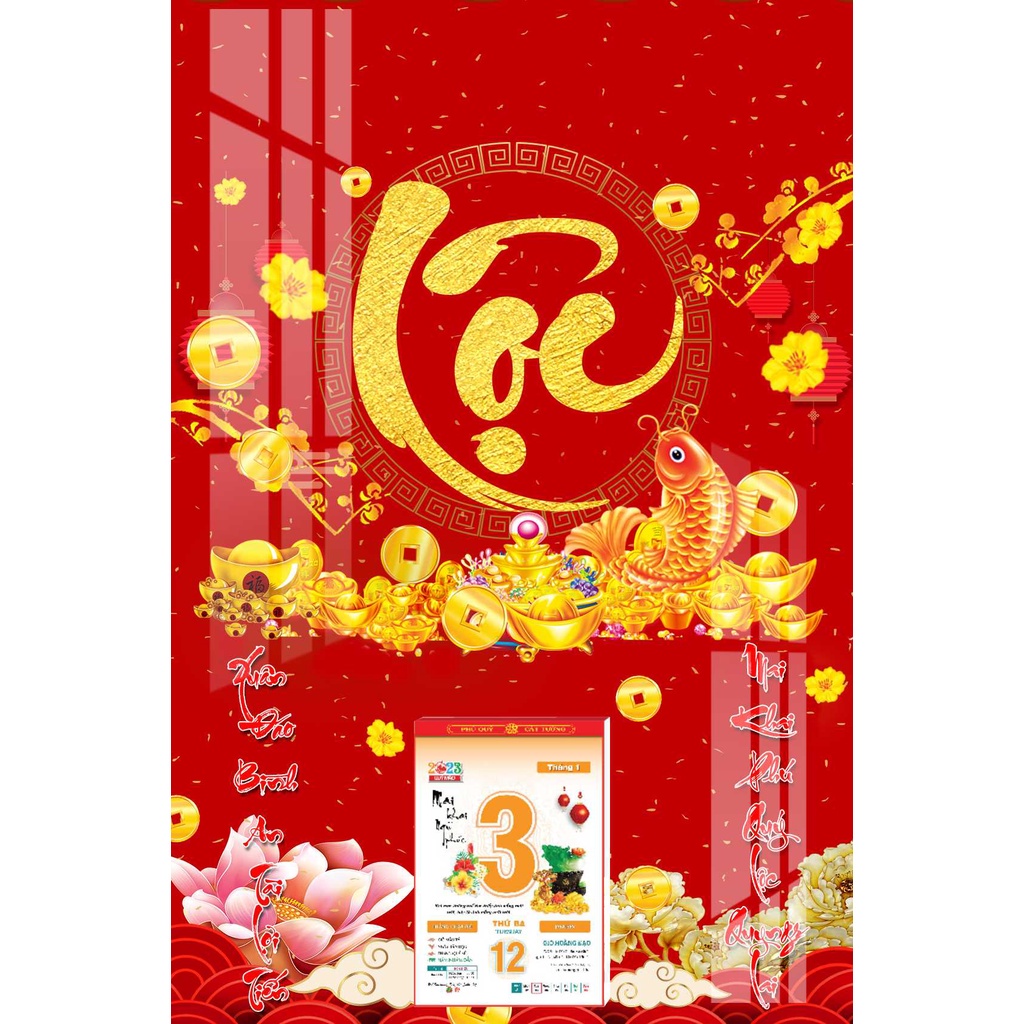 Lịch Gỗ Treo Tường Laminate Tráng Gương 2023 (40x60cm) - Thư Pháp Chữ Lộc
