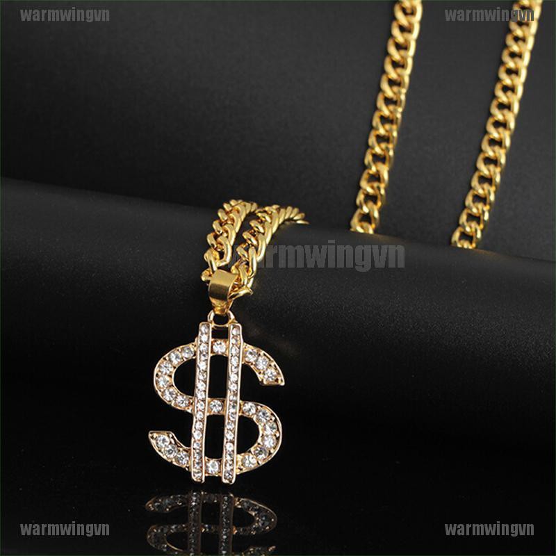 Gold Plated Crystal Dollar Sign Pendant Necklace Gangster Pimp Hip Hop Chain ingvn