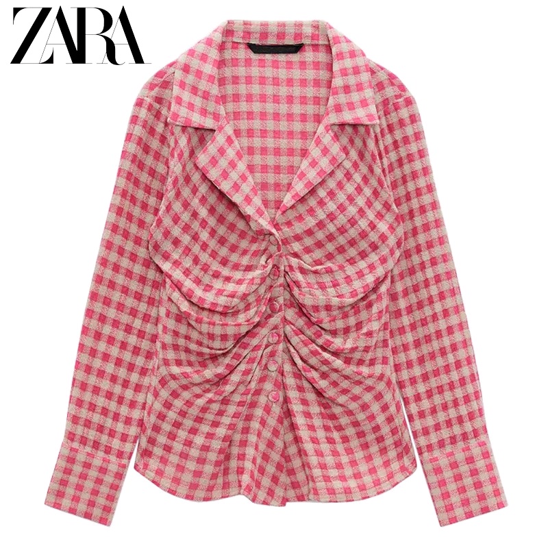 ZARA Áo Sơ Mi Tay Dài Form Ôm Họa Tiết Sọc Caro Phong Cách Vintage 09509225330