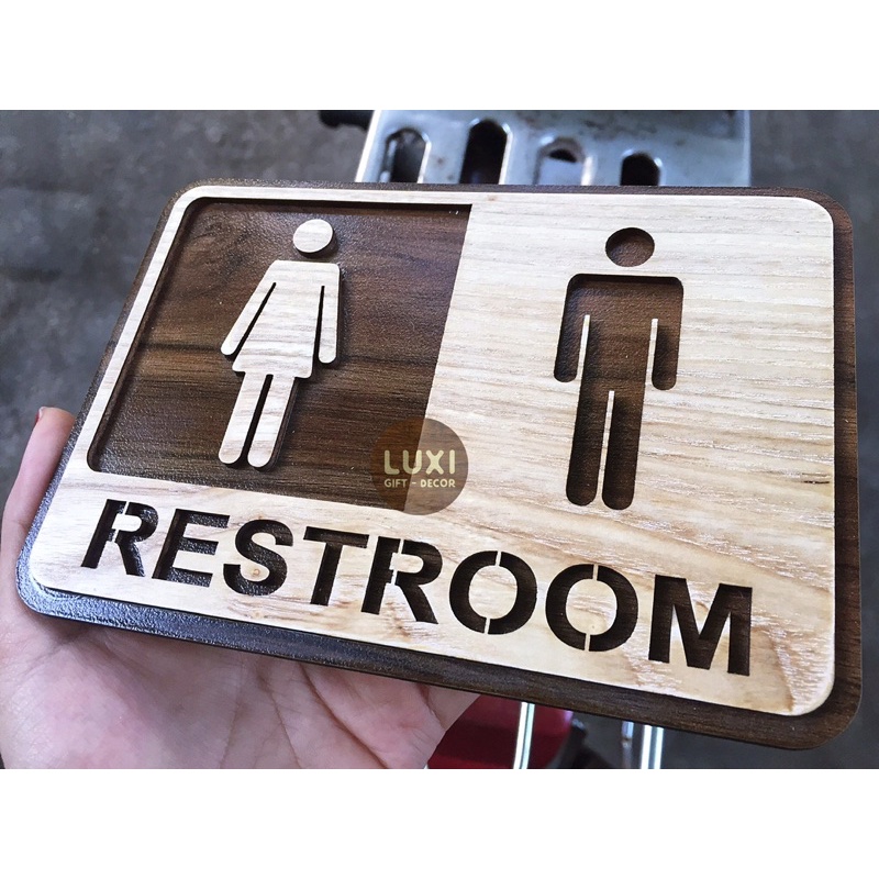 HCM | Bảng Restroom dán tường, Bảng gỗ decor dán tường nhà vệ sinh LUXI DECOR HCM