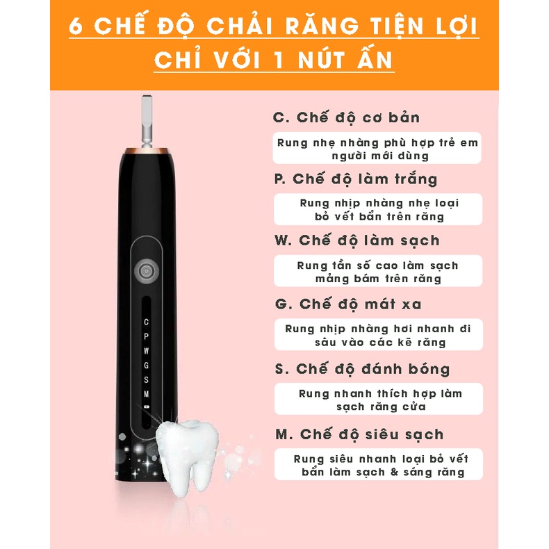 Máy Bàn Chải Đánh Răng Điện Cầm Tay 6 Chế Độ Rung Vệ Sinh Răng Miệng Hiệu Quả Tiện Dụng - Kèm Dây Sạc USB
