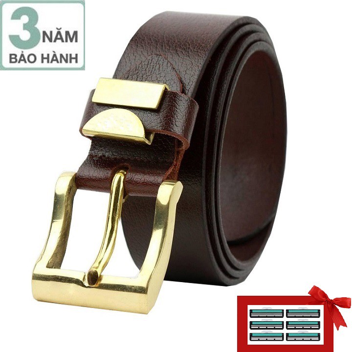 Bảo hành 3 năm - Dây nịt nam da bò đầu khóa đồng nguyên khối Ruby Luxury tặng kèm 6 lưỡi dao cạo râu kép trị giá 60.000