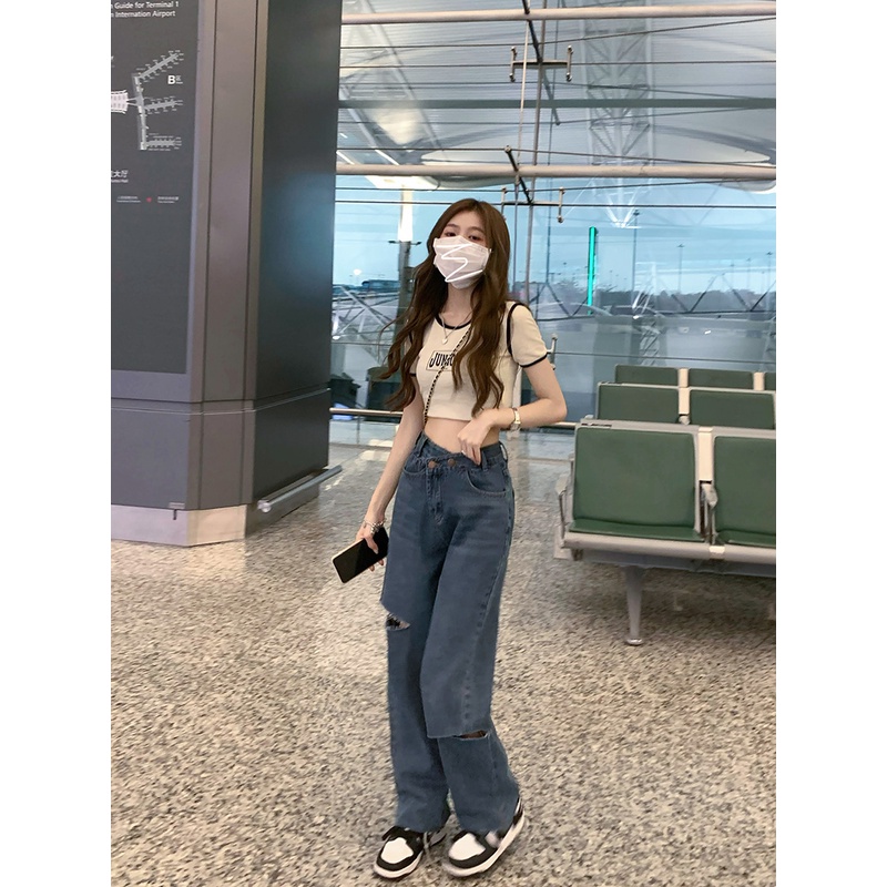 Quần jean nữ lưng cao thiết kế kiểu rách cá tính