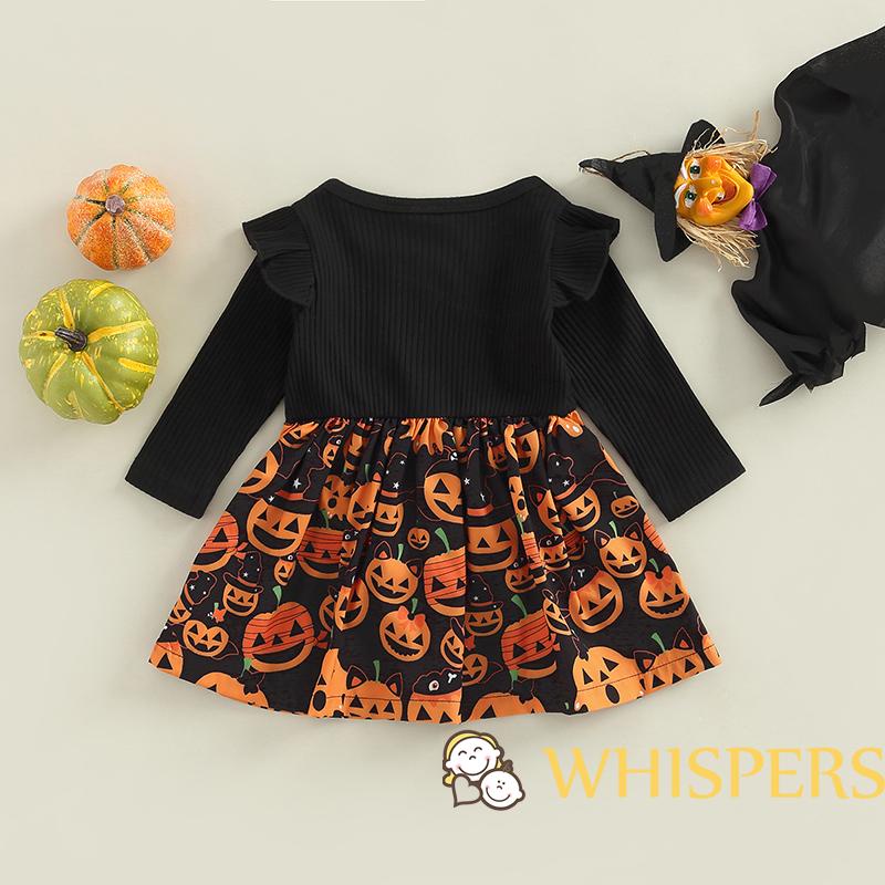 Đầm Tay Dài Phối Bèo Hoạ Tiết Bí Ngô Phong Cách Halloween Cho Bé Gái