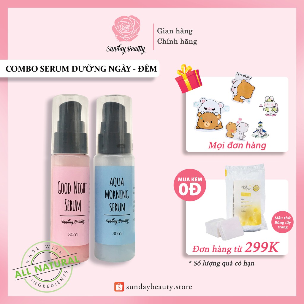 Combo serum sáng tối kiềm dầu cấp ẩm Aqua serum ngày + Good night serum đêm handmade Sundaybeauty