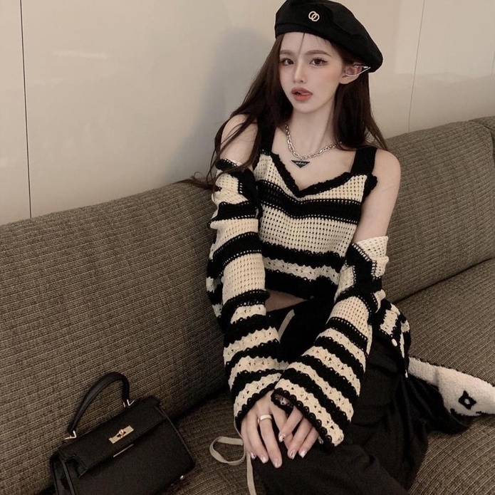 Bộ áo cardigan dệt kim sát nách kẻ sọc + quần lưng cao ZHELIHANGFEI quyến rũ thời trang cho nữ