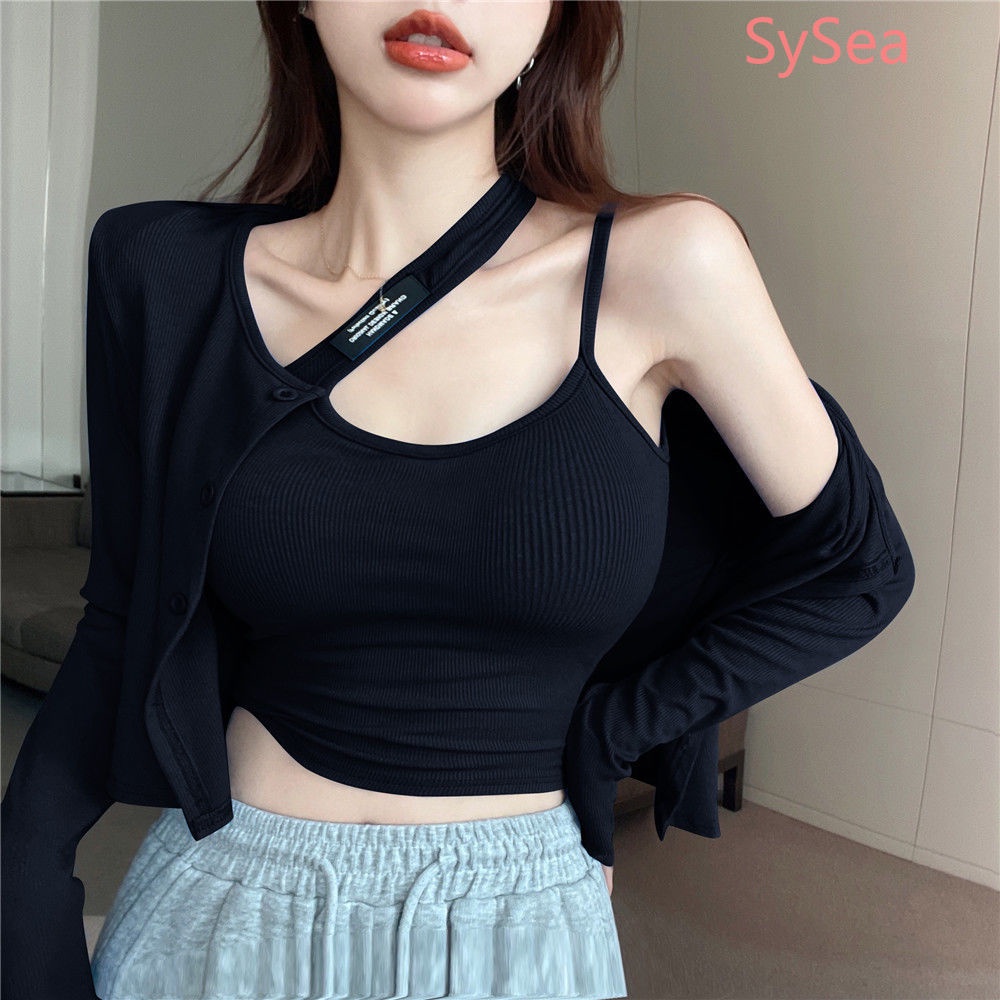 Bộ Áo Hai Dây + Áo Cardigan Màu Trơn Thời Trang Quyến Rũ Cho Nữ