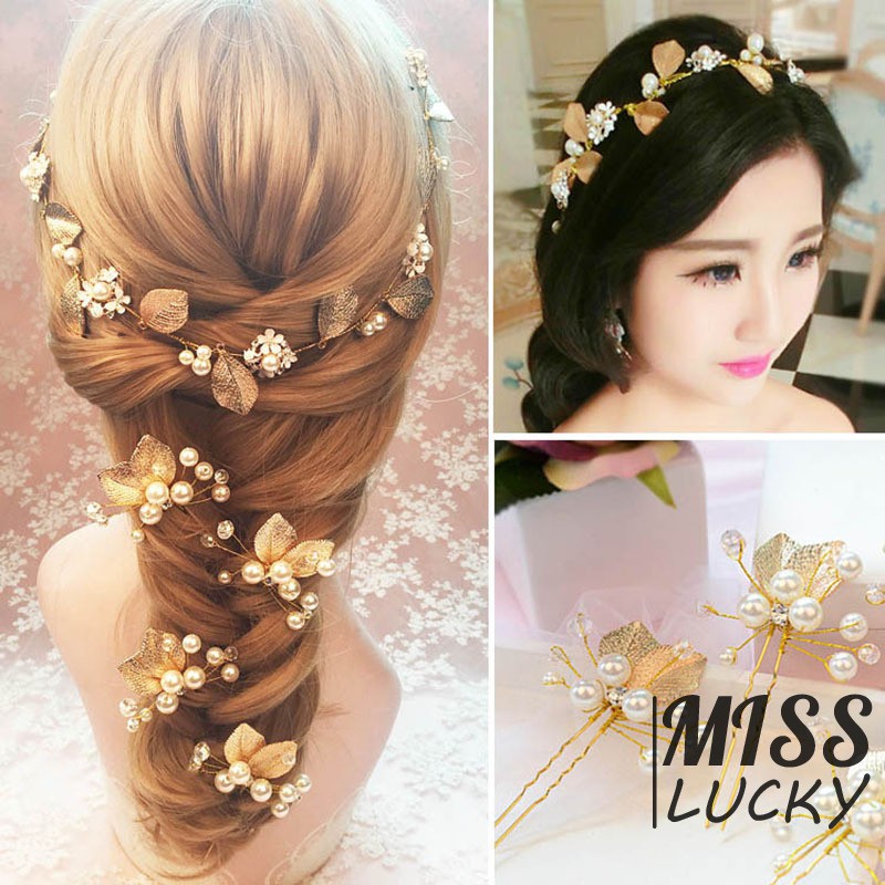 Bộ đôi khuyên tai và phụ kiện trang trí tóc / 2 phụ kiện trang trí tóc trang trí hoa đính ngọc xinh xắn cho cô dâu