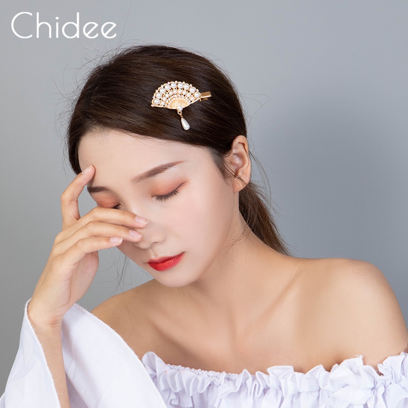 Kẹp Tóc Hình Quạt Đính Ngọc Trai Phong Cách vintage Hàn Quốc