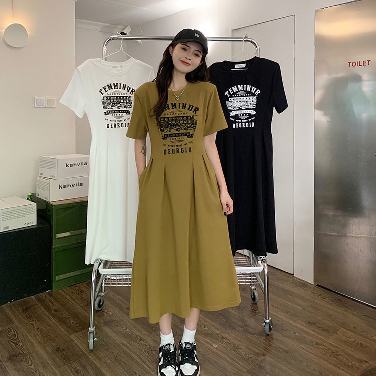 Đầm Xếp Ly Tay Ngắn In Chữ Thời Trang Mùa Hè Cho Nữ