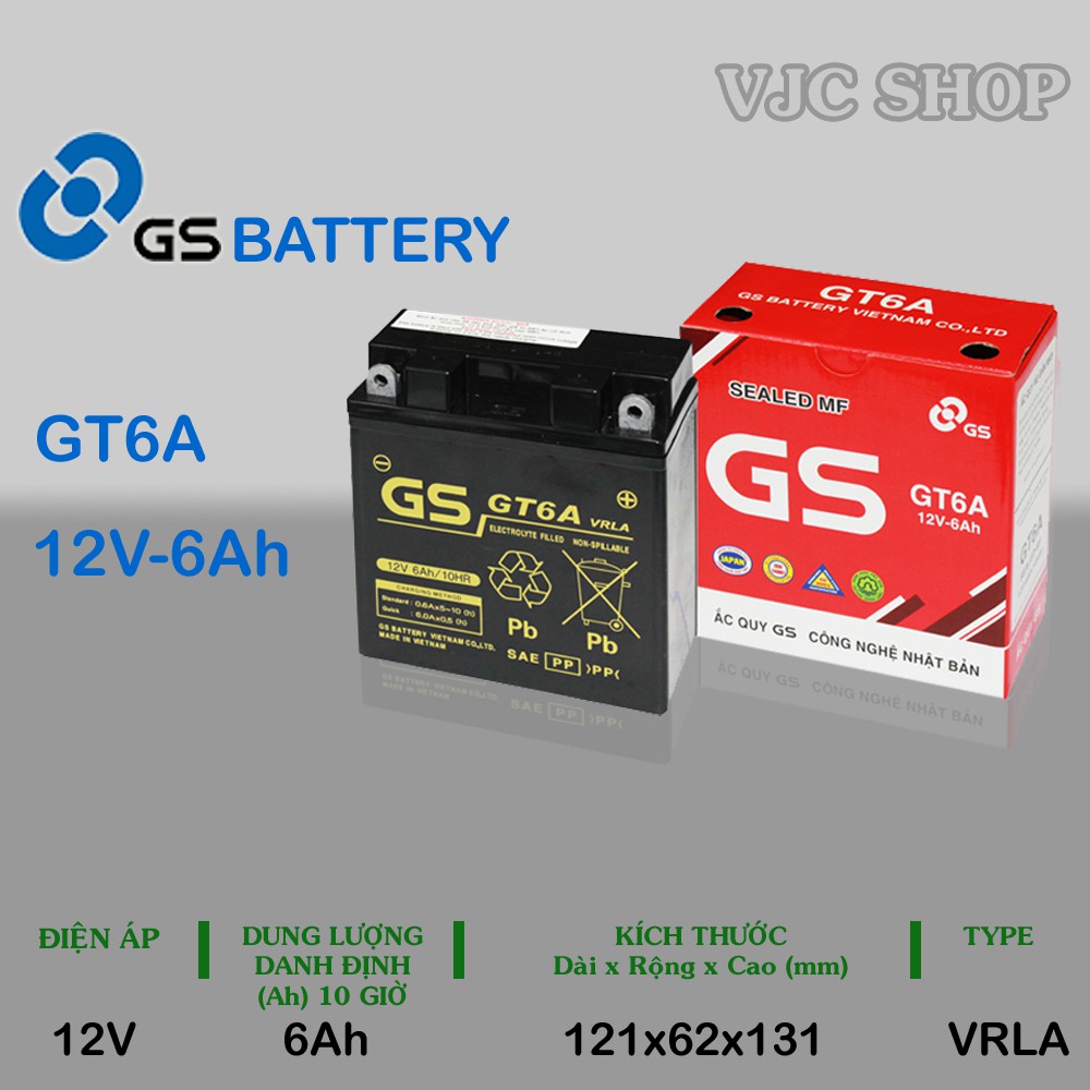 Bình ắc quy xe máy GT6A 12V 6AH chính hãng GS BATTERY loại bình khô, bảo hành 12 tháng