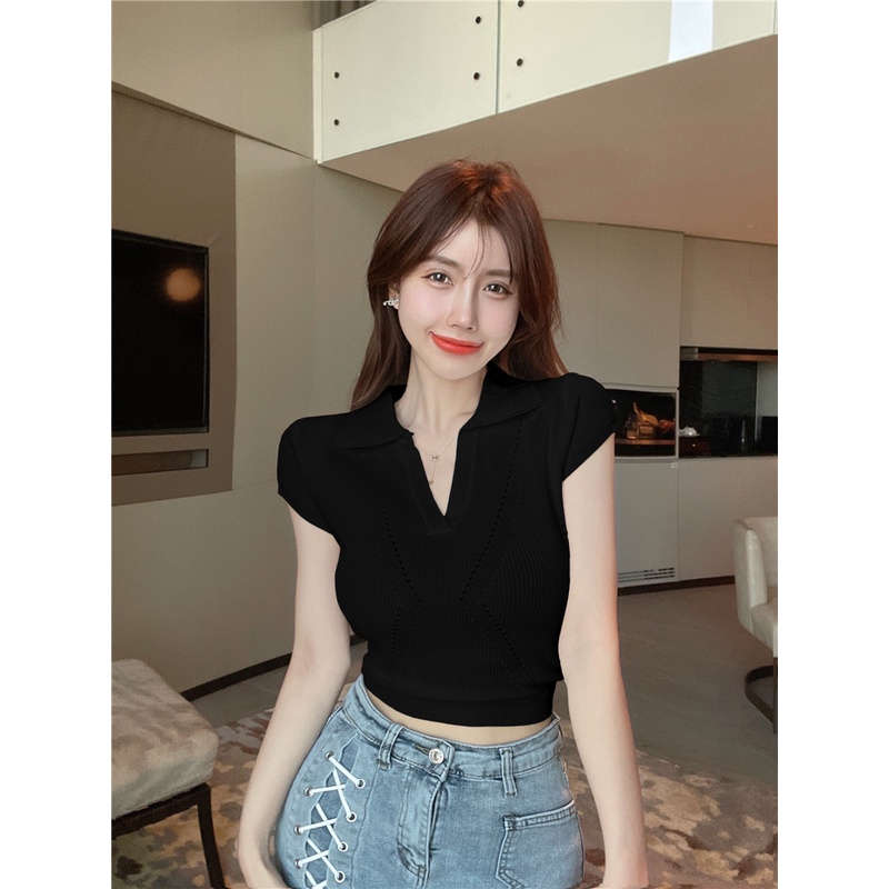 HUANG YOYO Áo Thun Dệt Kim Tay Ngắn Cổ POLO Màu Trơn Ôm Dáng Quyến Rũ Thời Trang Hàn Quốc Cho Nữ