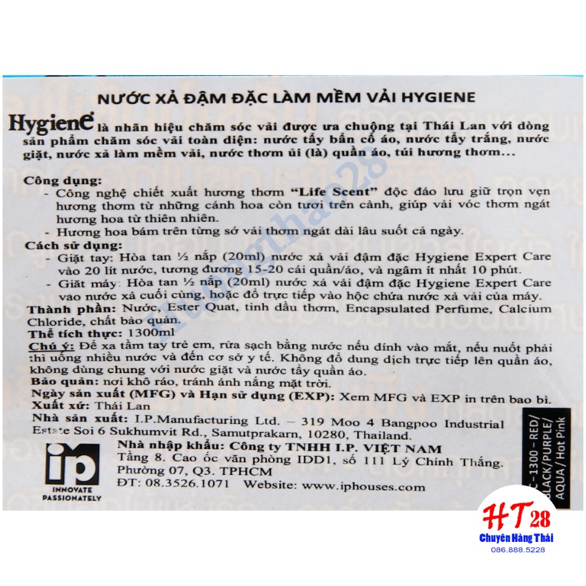 [Cao Cấp] Nước xả vải Hygiene Thái lan 1150ml Cao cấp hương thơm tự nhiên bảo vệ sợi vải Huongthao28