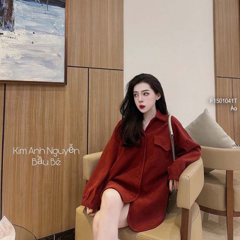 Áo sơ mi nhung túi nắp đỏ form rộng hàng chuẩn 0501