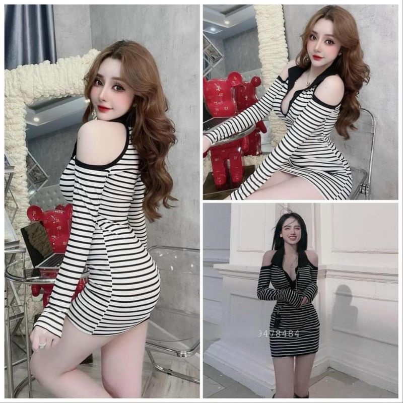 Đầm Thun Ôm Body Kẻ Sọc Ngang Cổ Polo Tay Dài Khoét Hở Vai Dáng Ngắn Sexy | BigBuy360 - bigbuy360.vn