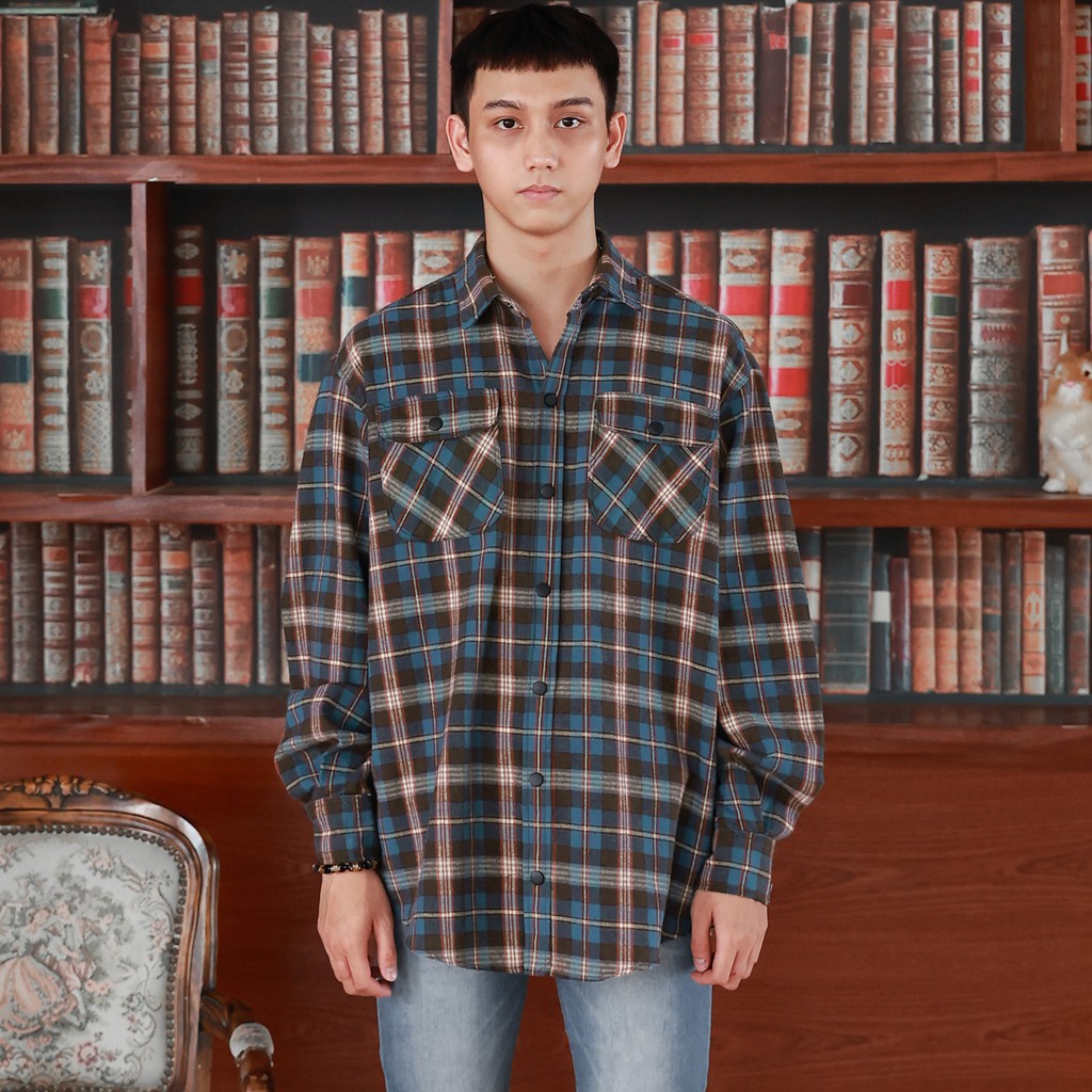 Áo Sơ Mi Flannel Sọc Xanh Nâu Chất Liệu Cotton Thoáng Mát